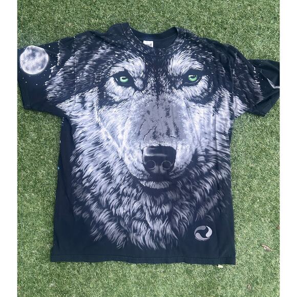 Anvil Other - Vintage 1998 Liquid Blue Wolf T-Shirt – XL – Double-Sided Graphic Moon Tee